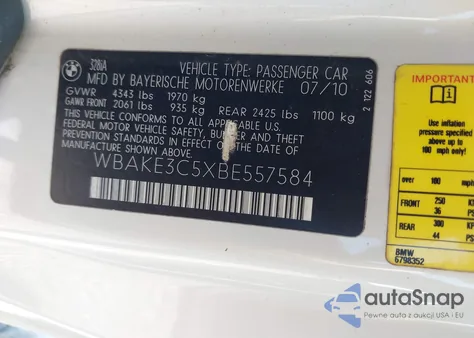 2011 BMW 328I из США, поврежденный, VIN WBAKE3C5XBE557584